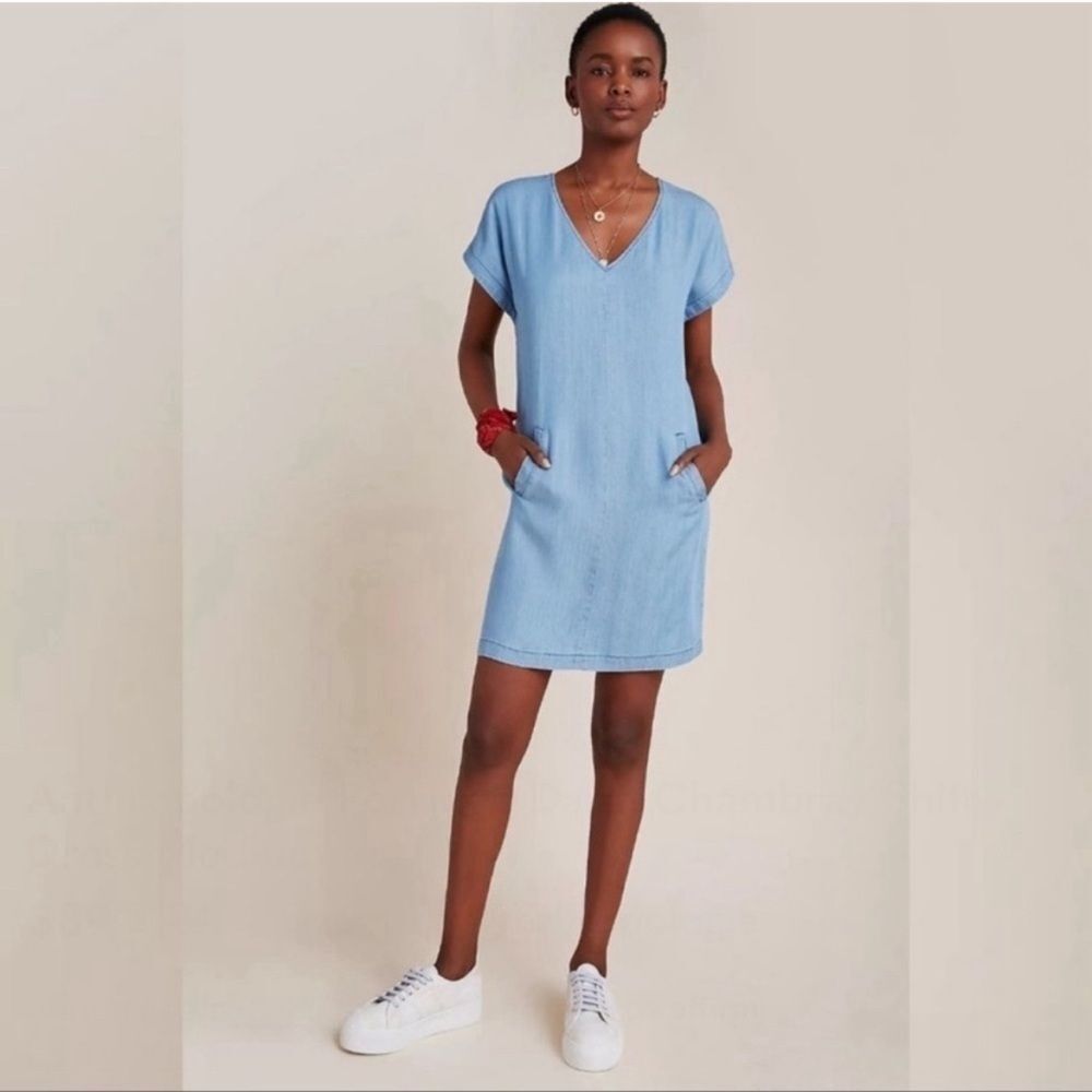 Anthropologie Porridge Darla Chambray Shift Dress Size M Blue Button Back
